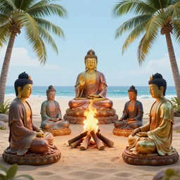 multiple buddhas sitting in around a campfire at the beach with palm trees in the back, epic environment, colourful, hyper realistic, extreme detail, sand, smooth, subtle shadows, fine details, octane render, stunning, intricate, elegant, highly detailed, digital portrait, artstation, sharp focus, raw w 8 9 6