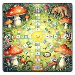 dixit card, mushroom, spots, stripes, high fantasy, snakes and ladders, japanese flower garden, labyrinth, picnic, cryptid, intricate, amazing composition, colorful watercolor, by ruan jia, by maxfield parrish, by shaun tan, by nc wyeth, by michael whelan, by escher, illustration, volumetric, bloom, sun puddle