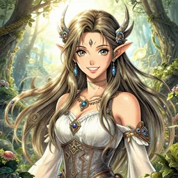 the portrait of chaotic good female druid alchemist as absurdly beautiful, gorgeous, elegant, young happy woman, an ultrafine hyperdetailed illustration by kim jung gi, irakli nadar, intricate linework, sharp focus, bright colors, octopath traveler, final fantasy, unreal engine 5 highly rendered, global illumination, radiant light, detailed and intricate environment