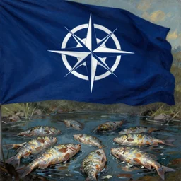 flag that has dark blue field charged with a white compass rose emblem, with four white lines radiating from the four cardinal directions waving over pond of dead fish, oil painting, 2 d hd, artstation, wallpaper, epic, graphic novel