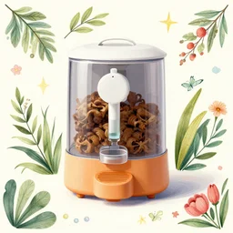a food dispenser surround by beautiful drawings, concept style