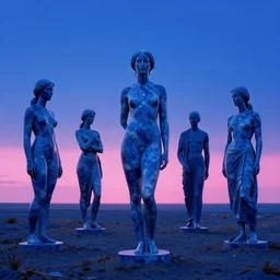 giant blue marble statues of women with pink light on the horizon by andreas achenbach and carl gustav carus and thomas cole and delphin enjolras, and dali, blue mood, blue light, high detail, 8 k