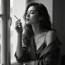 black and white fashion photo of a model woman smoking a cigarette by the window