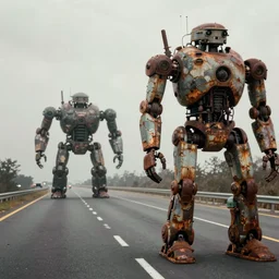 photo of freeway with a giant robot in the distance, canon ae - 1, dystopian, industrial, rust, corrosion, drab color grading, simon stalenhag,