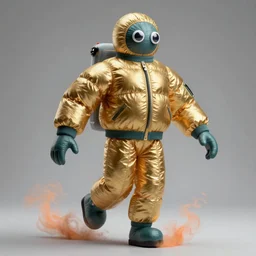 a single striding slender figurine of a tall giant inflated hazmat man wearing over sized gold teal puffy bomber jacket, long bendy arms and legs, googly eyes, tareme eyes, small head, personification, dynamic pose, detailed product photo, tone mapped, beautiful composition, orange mist swirling at feet, 8 5 mm, f 5. 8