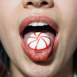 1960s photo of a peppermint on somebody\'s extended tongue