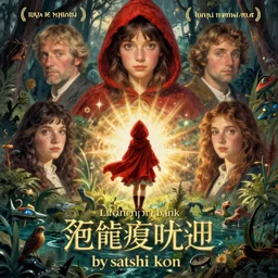 little red hood is in the center., the picture book of the princess in dark demoniac evil swamp, large and impressive title logo. by satoshi kon, ilya repin, lena aenami, shinji kimura