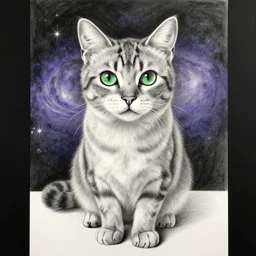 highly detailed full body realistic pencil sketch of a beautiful cat with big green eyes in front of the universe