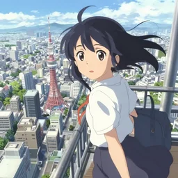 anime visual of a black haired girl on top of tower sightseeing bright day anime cityscape by makoto shinkai, cute face by yoh yoshinari, katsura masakazu, dynamic pose, dynamic perspective