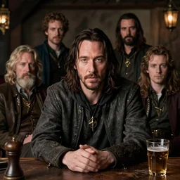 keanu reeves as a dnd wizard sitting in a tavern, portrait by gaston bussiere, j. c. leyendecker, craig mullins, donato giancola, greg rutkowski, symmetry!!, realistic face, highly detailed, sharp focus