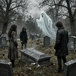 a very grungy looking artwork of some people at a cemetery with a ghost coming out of the tomb, hyper realistic