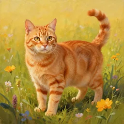 a painting of an ultra realistic highly detailed orange cat standing in a field of flowers by craig mullins, golden hour, trending on artstation, color field, concept art, artstation hd, matte drawing