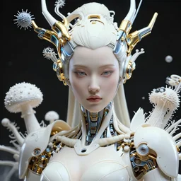 hyper detailed ultra sharp portrait of a beautiful porcelain ivory smooth fair cyborg warrior woman, up close shot, sharp focus, global illumination, radiant light, biomechanical white silver gold headdress, cyberpunk brackets, laser cut paper microbes, bubble mushrooms, puffballs, rhizomorphs, ferra white mecha, irakli nadar, alexander mcqueen, octane highly render, 4 k, ultra hd,