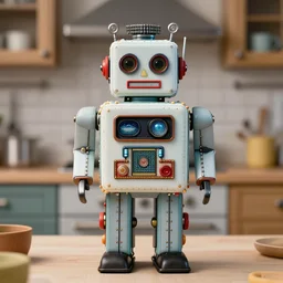 closeup portrait of tin toy robot cake kitchen, depth of field, zeiss lens, detailed, symmetrical, centered, fashion photoshoot, by nicoletta ceccoli, mark ryden, lostfish, breathtaking, 8 k resolution, extremely detailed, beautiful, establishing shot, artistic, hyperrealistic, octane render