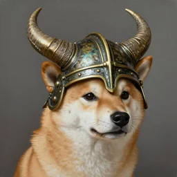 detailed photorealistic painting of dog shiba inu wearing a highly detailed ornamented bronze „viking helmet with two horns“, sharp focus in the style of ruan jia, Mandy jurgens, cinematic light, concept art, trending on artstation, ultra realistic
