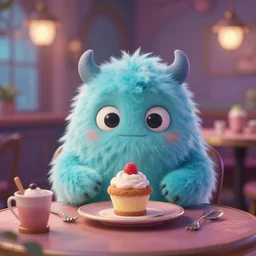 little fluffy monster having a dessert in a magical cafe. upcoming 3 d animation by an indie studio, rimlighting, depth of field, limited palette, intricate details, impressionism, chiaroscuro, bokeh.