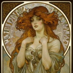 beatiful haunting sensual cryptid woman, by emil melmoth, by alphonse mucha