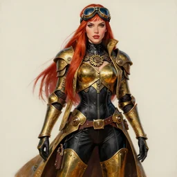 Steampunk Pin-up girl, alluring, latina skin, red hair, long straight hair, fully armor, black skintight bodysuit underneath armor!, brass colored armor coat, gears, goggles on forehead, posing, trending on artstation, artstationHD, artstationHQ, acrylic painting, realistic proportions