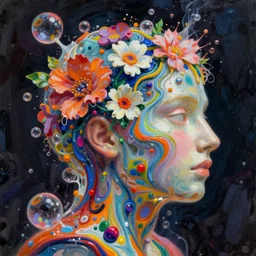 illustration of a colorful melting human head. acrylic bubbles and flowers, ferrofluids, water distortions. intricate abstract. intricate artwork.