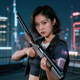 photographic portrait of a techwear woman holding a shotgun, closeup, on the rooftop of a futuristic city at night, sigma 85mm f/1.4, 4k, high resolution, depth of field, full color, Die Hard, movies with guns, movie firearms