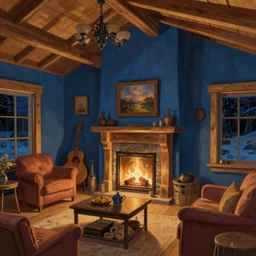 the living room of a cozy wooden house with a fireplace, at night, interior design, d & d concept art, d & d wallpaper, warm, walls painted blue, blue walls, digital art. art by james gurney and larry elmore.