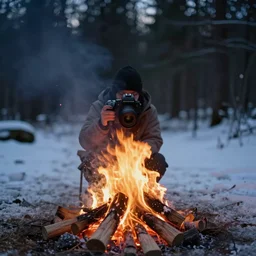 a campfire is sitting in a frozen forest at night, clear focus, bokeh effect, high res, hasselblad, dslr, professional, cinematic