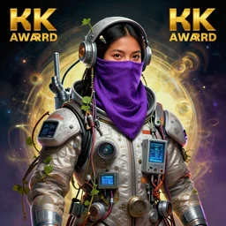 hyperrealist portrait of a young american indian female dressed as a space sport engineer and wearing a purple niqab, it is decorated with long wires that fall like vines and wears small computers over their body. by jeremy mann and alphonse mucha, fantasy art, photo realistic, dynamic lighting, artstation, poster, volumetric lighting, very detailed faces, 4 k, award winning