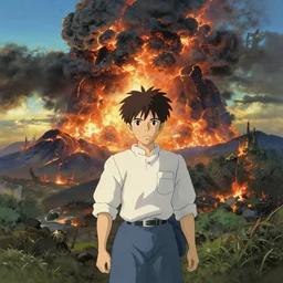 anime character in front of an apocalyptic landscape with mountains and the clouds are burning, hyperrealistic, trending on pixiv fanbox, painted by greg rutkowski makoto shinkai takashi takeuchi studio ghibli, akihiko yoshida