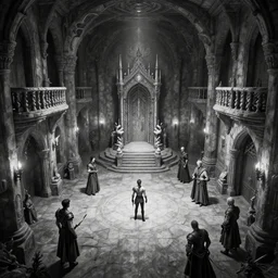 black and white one point perspective bone dungeon rpg fantasy dungeon throne hall view by artgerm and Craig Mullins, James Jean, Andrey Ryabovichev, Mark Simonetti and Peter Morbacher 16k