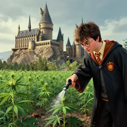 harry potter watering a cannabis field in front of hogwarts, digital illustration, in the style of greg rutkowski, very detailed, artstation, smooth, cinematic, sharp