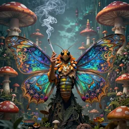 8K headshot Portrait of centered chest up of a psychedelic godlike mothman with giant mandala wings smoking a hand-rolled cigarette smoking heavily , magic mushroom village in background , post-processing , award winning. superb resolution. in the art style of Tony Takezaki and Greg Rutkowski . Detailed Mushroom city in background. Hyper realistic anime. Perfect art. Dalle2