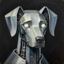 a portrait of cyber - dog of sci fi metallic human by yoji shinkawa bright eyes, melancholic complex geometric figure liminal machinery by oskar schlemmer, moebius, john berkey, film grain, oil on canvas, portrait facial head, featured on artstation, hd wallpaper, 8 k