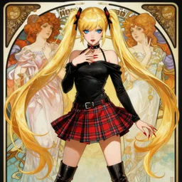 [ absolutely beautiful ] art of an evil gyaru model with long blonde pigtails, a black top, a red plaid skirt, and knee high boots, blue eyes, long red nails, japanese, villianess, art by artgerm, greg rutkowski, cyrine, alphonse mucha, beautiful colors and lighting, photorealistic digital art