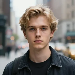a beautiful young man, blond, medium hair, blue eyes, in the middle of the city, hyper realistic