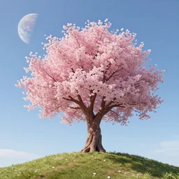 Aesthetic 3D render of a cherry blossom tree at the top of a hill with a planet visible in the sky
