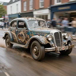 street photography by saul leiter, award winning photo of an ultra detailed intricate dirty vintage ford car speeding very fast in mud, fast shutter speed, motion blur, tiny gaussian blur, highly detailed, highly intricate, depth of field, trending on top gear