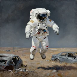 a painting of an astronaut hovering above the ground in a barren field with car wreckage by scott listfield