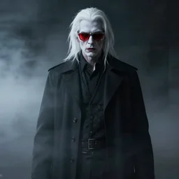 tall man with white skin, white hair, wearing red tainted glasses, horror, art by David Romero, dramatic, misty fog, dark, cinematic