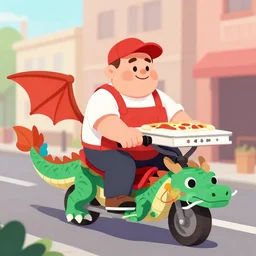 a rotund pizza man riding a dragon down the street, digital art