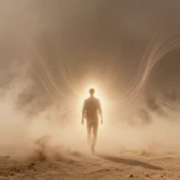 a human emitting an aura walking through a dust storm while normal!! and exponential!! curves!! faint lines from the universe flow through them, digital art, trending on art station, many smooth curves, inspiring, high resolution