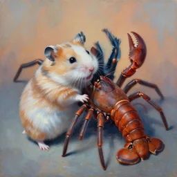 painting of hybrid between hamster!!!!!!!! & spider & lobster, intercrossed animal, by zdzislaw beksinski, by lewis jones, by mattias adolfsson, cold hue's, warm tone gradient background, concept art, beautiful composition, digital painting