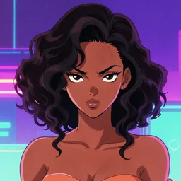 key anime visual sketch of a stern and serious young african - american woman with wavy beautiful anime hairstyle, concept modern anime art, vaporwave background