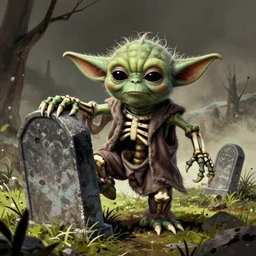 a spooky yoda skeleton climbing out of a grave