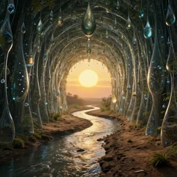 beautiful picture of a magical vertical cylindrical tunnel made of big upside-down raindrops joining a dried up river with the sun, highly-detailed, fantastic, dramatic lighting, artstation, 4k