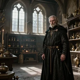 portrait of Dennis hopper as a devious medieval lord standing on the right inside a big medieval Shop with tall windowpane, shelves full of medieval goods, morning light, trending on artstation, artwork in style of peter mohrbacher, unreal engine, octane render, intricate details, 8k high definition, beauriful, ornate, hyperrealistic