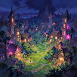 elven village with neon lights at a mire. this air brush painting by the award - winning anime artist has an interesting color scheme, plenty of details and impeccable lighting.
