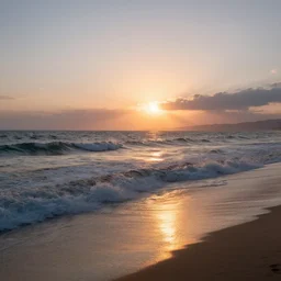 a photo of a beach at sunset, turbulent sea, high coherence, highly detailed, high quality, 8K, path tracing, breathtaking landscape, cinematic lighting, concept art, octane render, unreal engine 5, trending on Artstation, soft light, godrays, complementary colors, natural lighting