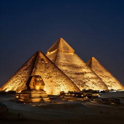 pyramids of giza at night, neon lit