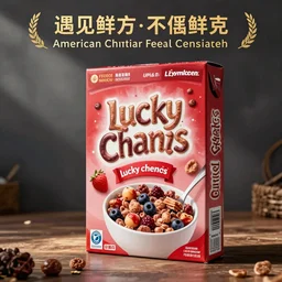 cereal box poster ; product photo of a cereal box ; professional advertisement photography of a box of lucky charms cereal ; close - up of the box carton ; advertisement poster ; american product category