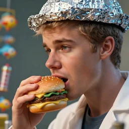 highly detailed closeup, face profile portrait of justin bieber as a tin toy scientist wearing a tinfoil hat eating a hamburger, unreal engine, nicoletta ceccoli, mark ryden, earl norem, lostfish, global illumination, detailed and intricate environment